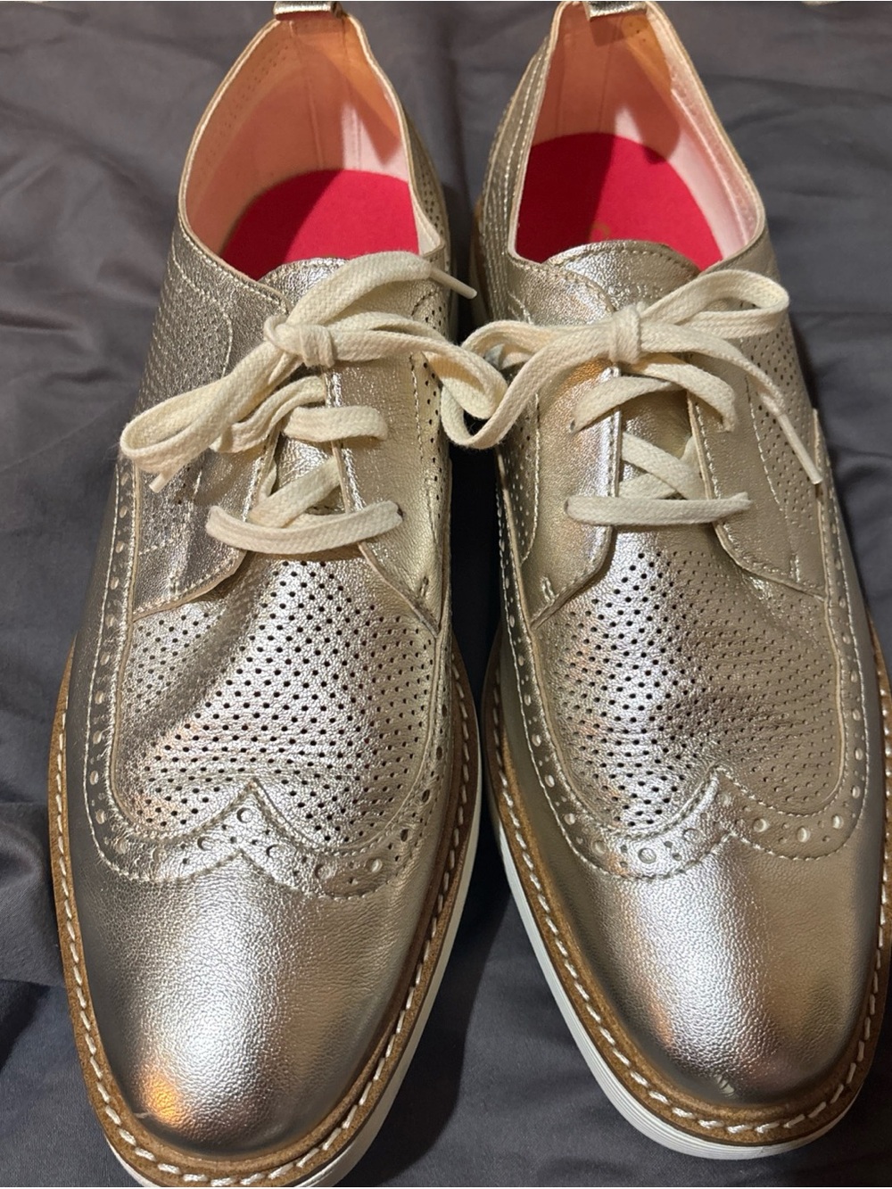 Cole Haan Metallic Gold Women's Wingtip Oxford Lace-Up Shoes